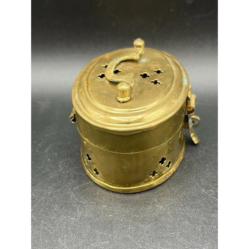 Brass Cricket Box Hinged‎ Pierced Trinket Box w/ Handle Handmade 1970s Vintage